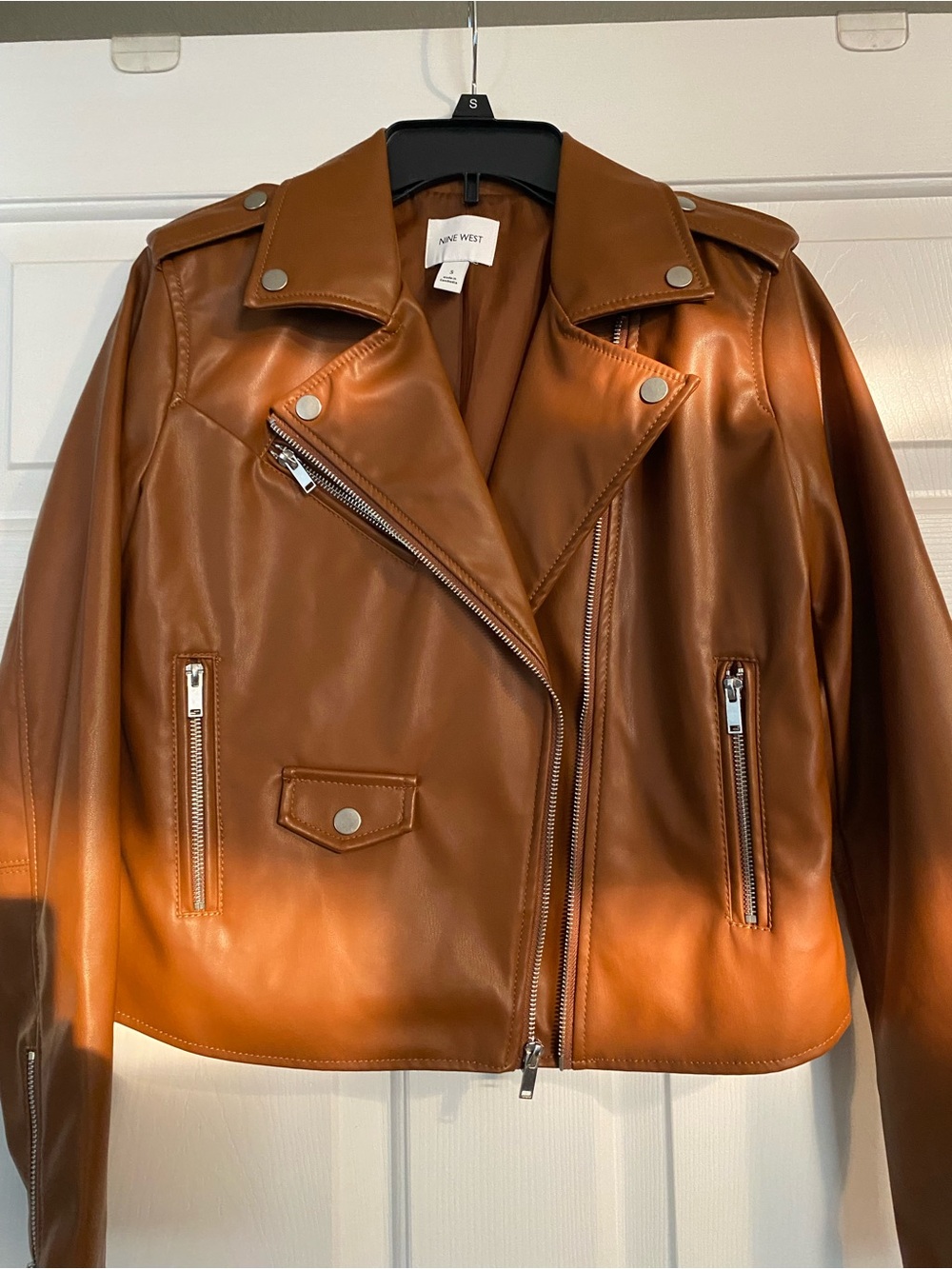 Nine West Cognac Faux Leather Moto Jacket with Silver Hardware
